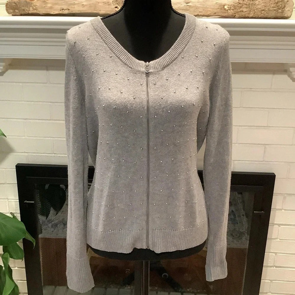 #314 Talbots Petites Gray Zip Front Cardigan Silver Ball Detail Size Medium Pet - Picture 1 of 7